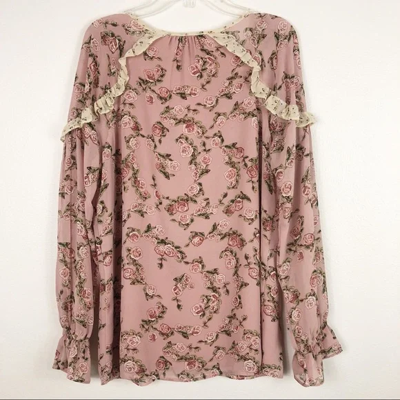 DR2 By Daniel Rainn Rose Baby Pink Floral Print Ruffle Blouse - Picture 4 of 8
